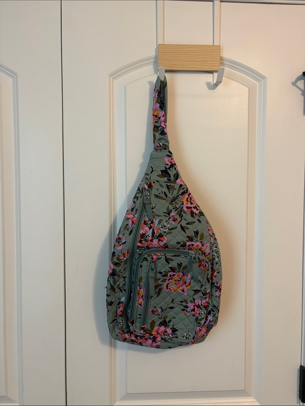 Vera Bradley Sage Quilted Crossbody Sling with Pink Floral Print